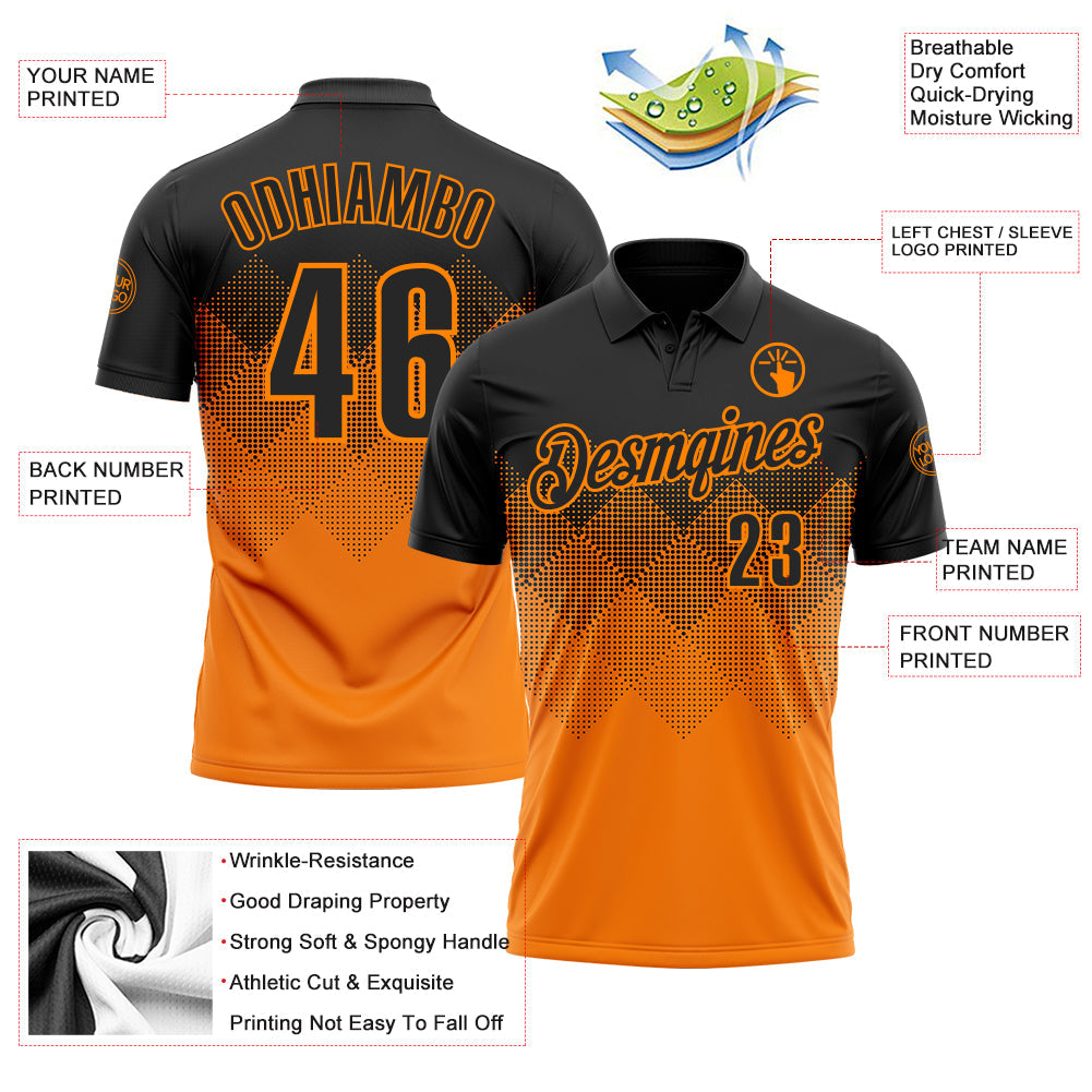 Custom Black Bay Orange 3D Gradient Square Shape Performance Polo Shirt view 3