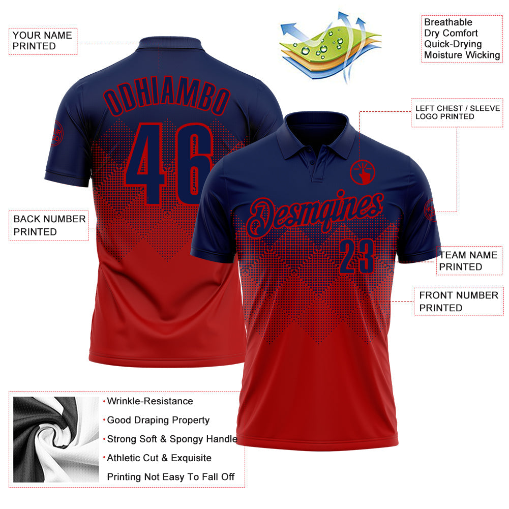 Custom Navy Red 3D Gradient Square Shape Performance Polo Shirt view 3