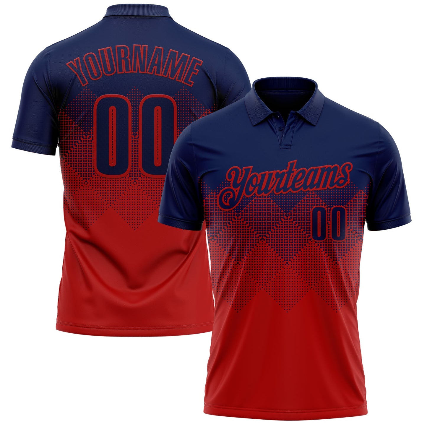 Custom Navy Red 3D Gradient Square Shape Performance Polo Shirt - Main View