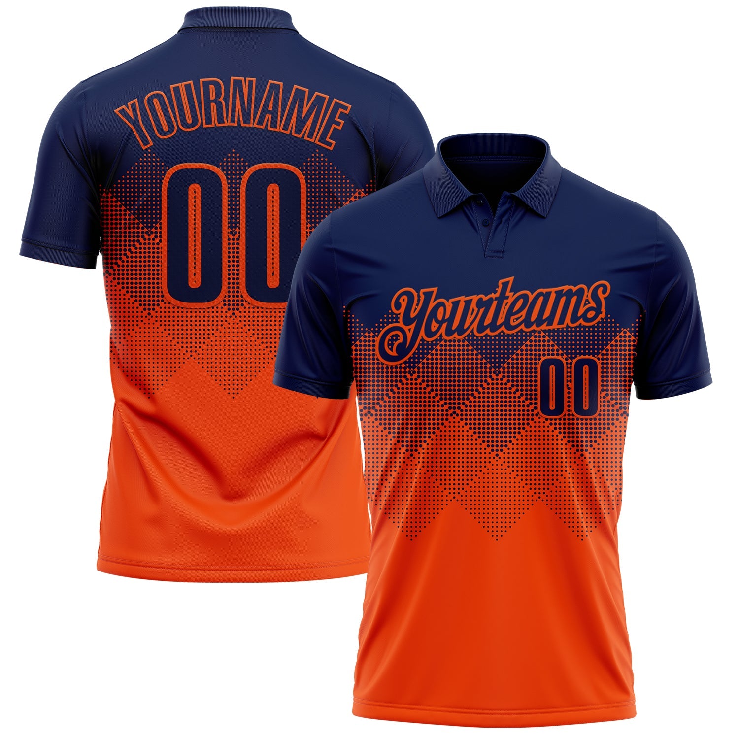 Custom Navy Orange 3D Gradient Square Shape Performance Polo Shirt - Main View