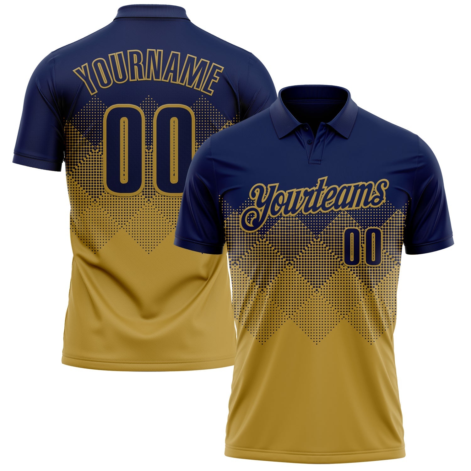 Custom Navy Old Gold 3D Gradient Square Shape Performance Polo Shirt - Main View