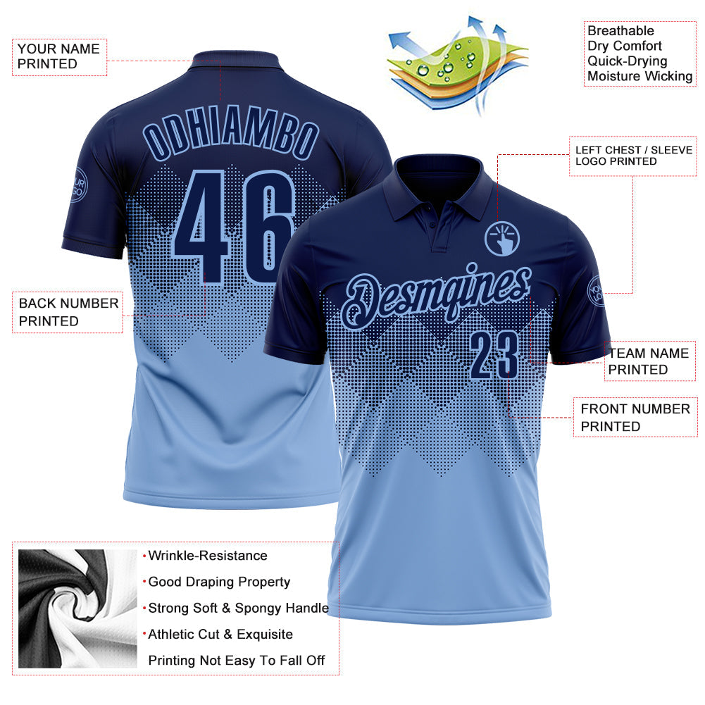 Custom Navy Light Blue 3D Gradient Square Shape Performance Polo Shirt view 3