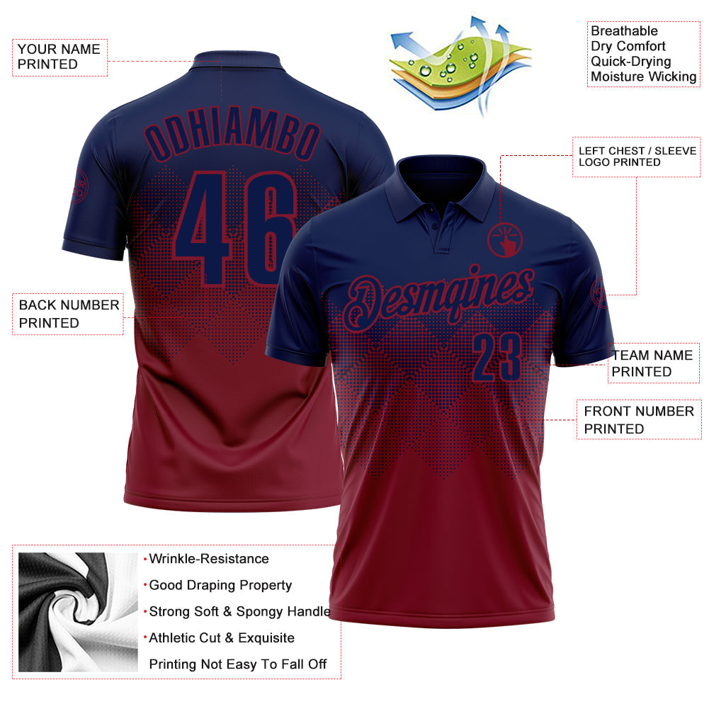 Custom Navy Crimson 3D Gradient Square Shape Performance Polo Shirt view 3