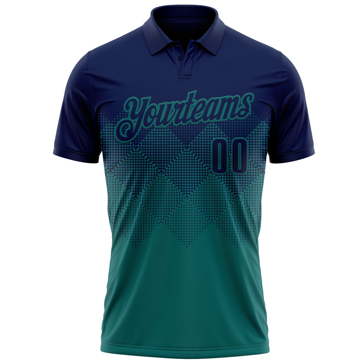 Custom Navy Teal 3D Gradient Square Shape Performance Polo Shirt view 2