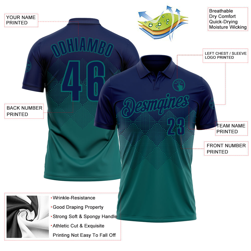 Custom Navy Teal 3D Gradient Square Shape Performance Polo Shirt view 3