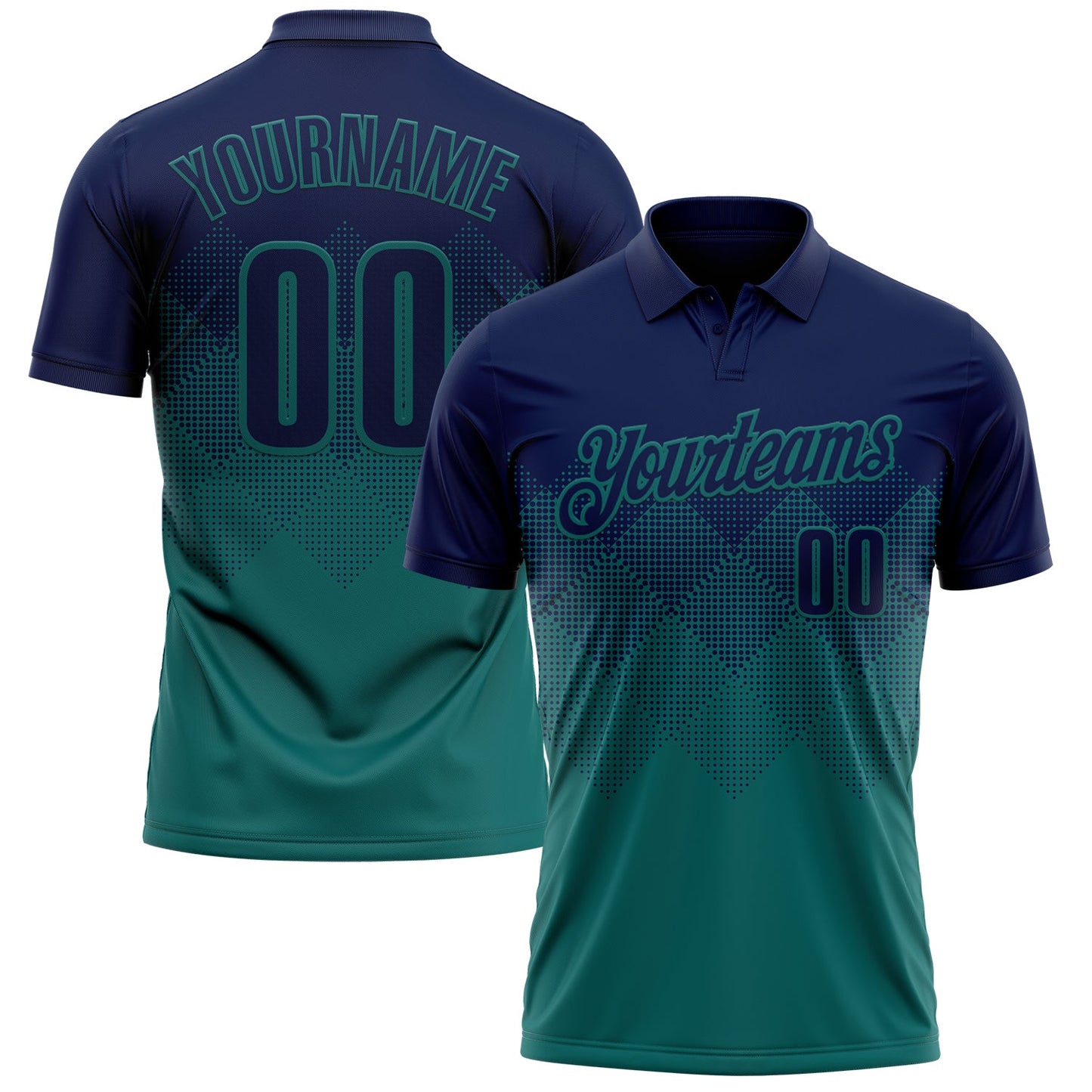 Custom Navy Teal 3D Gradient Square Shape Performance Polo Shirt - Main View