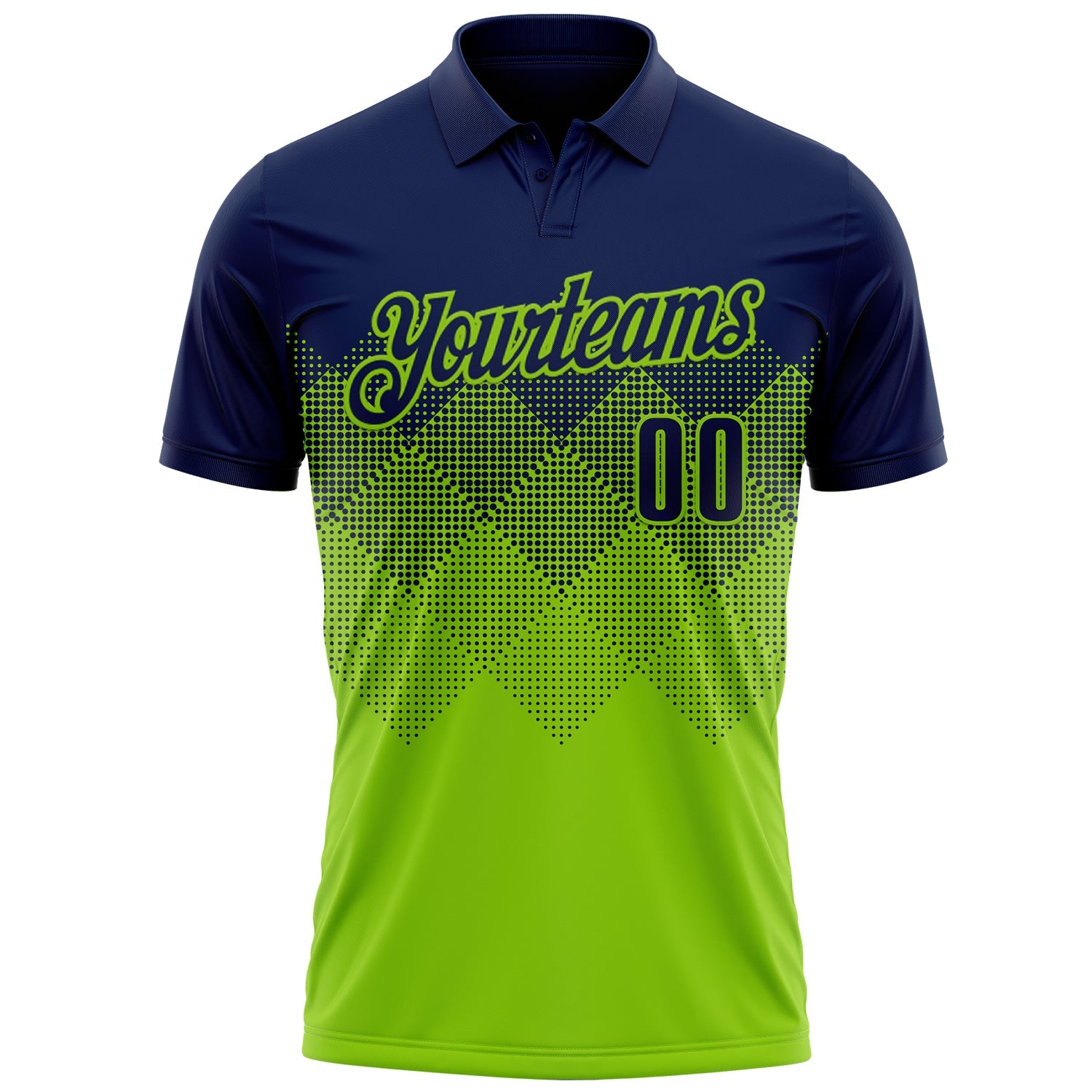 Custom Navy Neon Green 3D Gradient Square Shape Performance Polo Shirt view 2