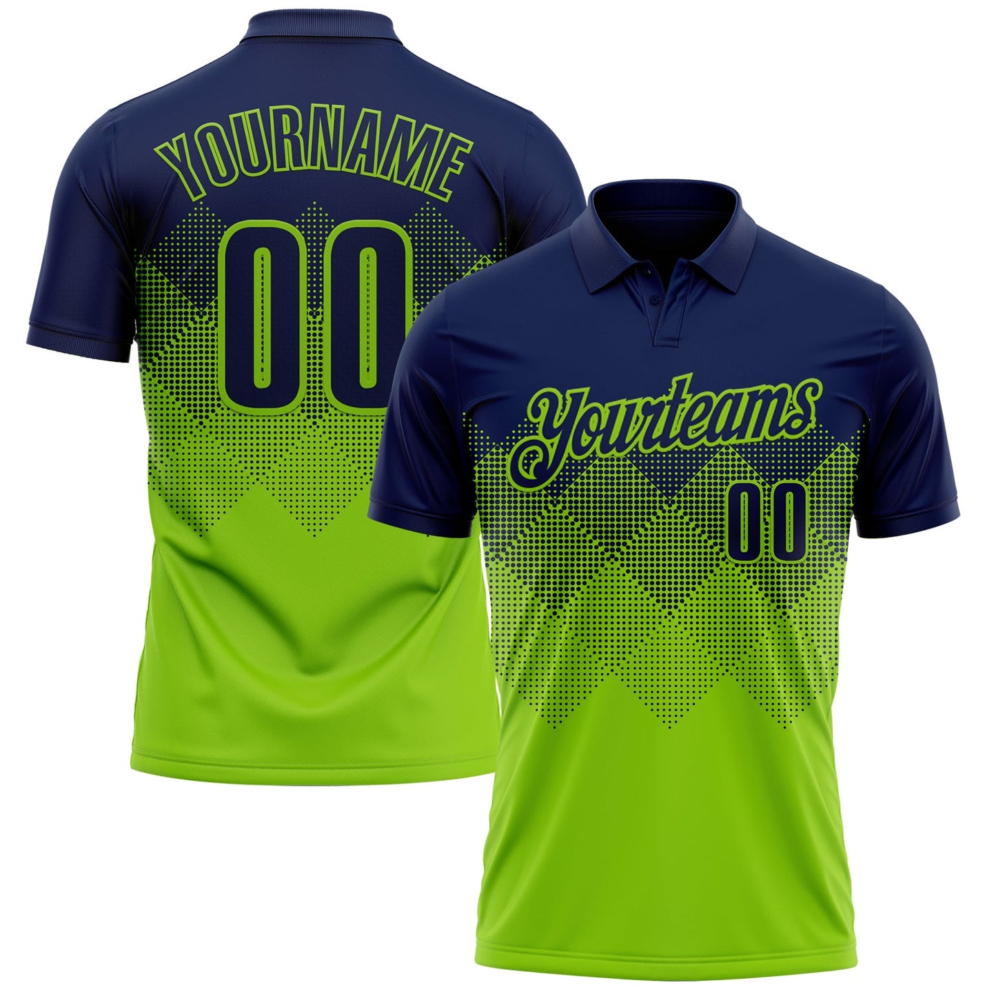 Custom Navy Neon Green 3D Gradient Square Shape Performance Polo Shirt - Main View