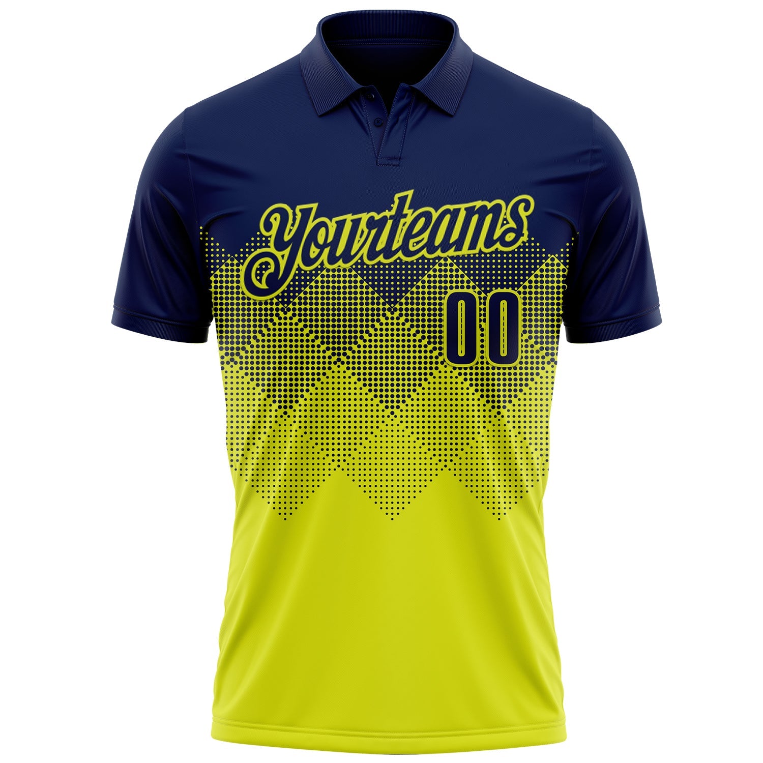 Custom Navy Neon Yellow 3D Gradient Square Shape Performance Polo Shirt view 2