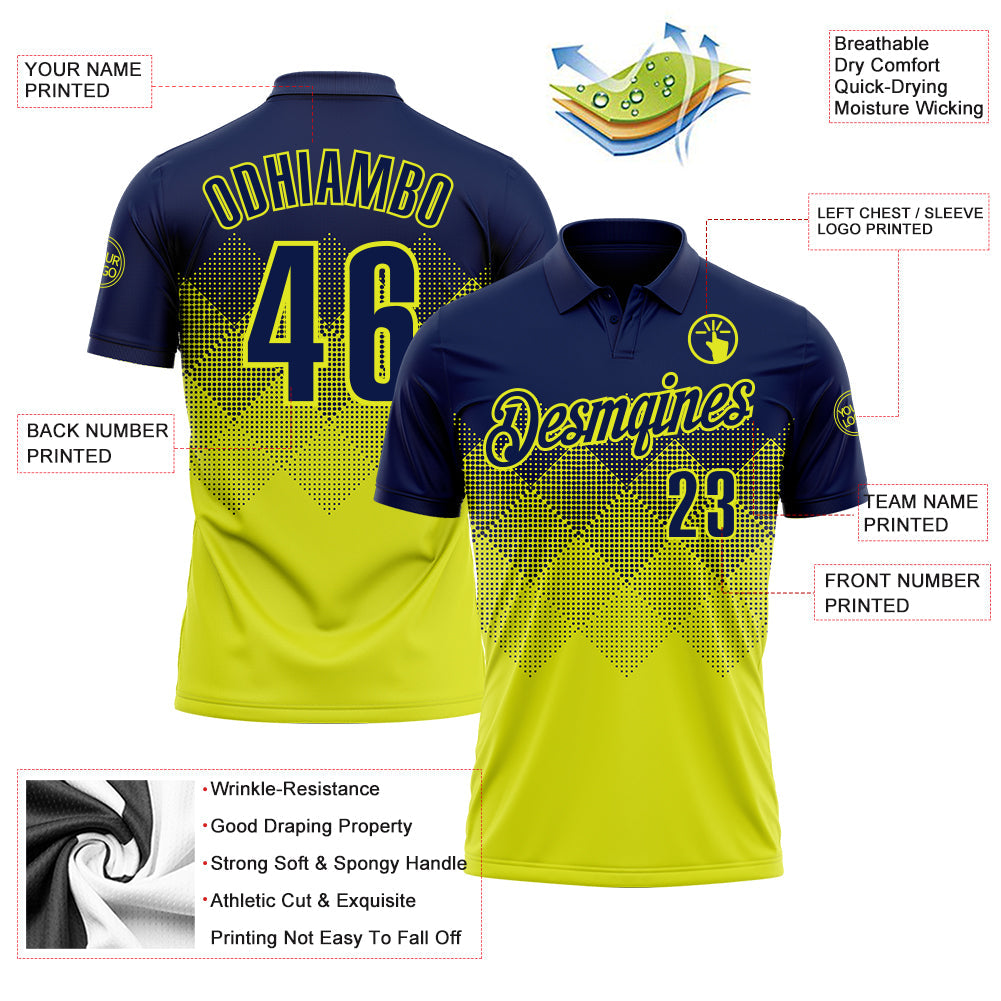 Custom Navy Neon Yellow 3D Gradient Square Shape Performance Polo Shirt view 3