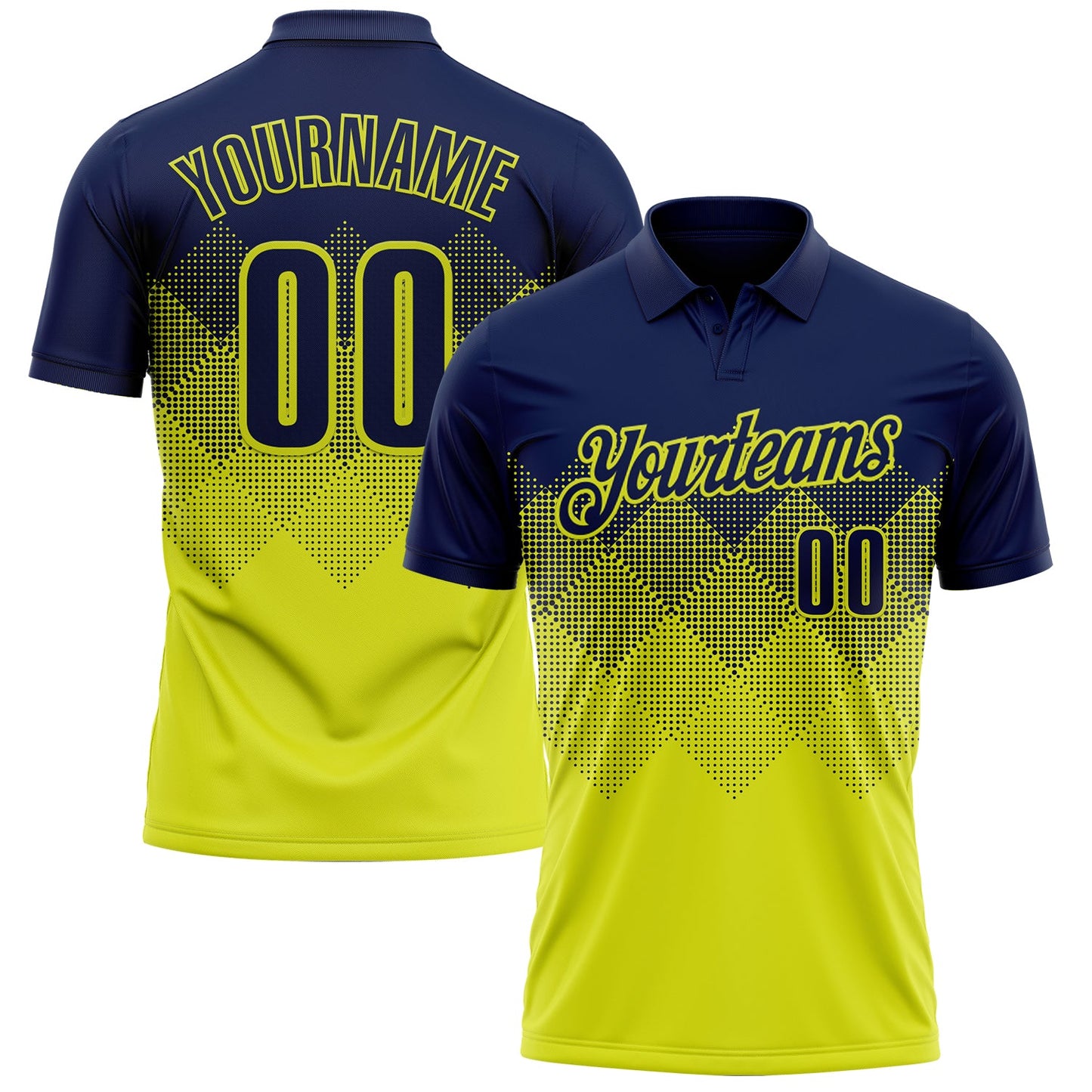 Custom Navy Neon Yellow 3D Gradient Square Shape Performance Polo Shirt - Main View