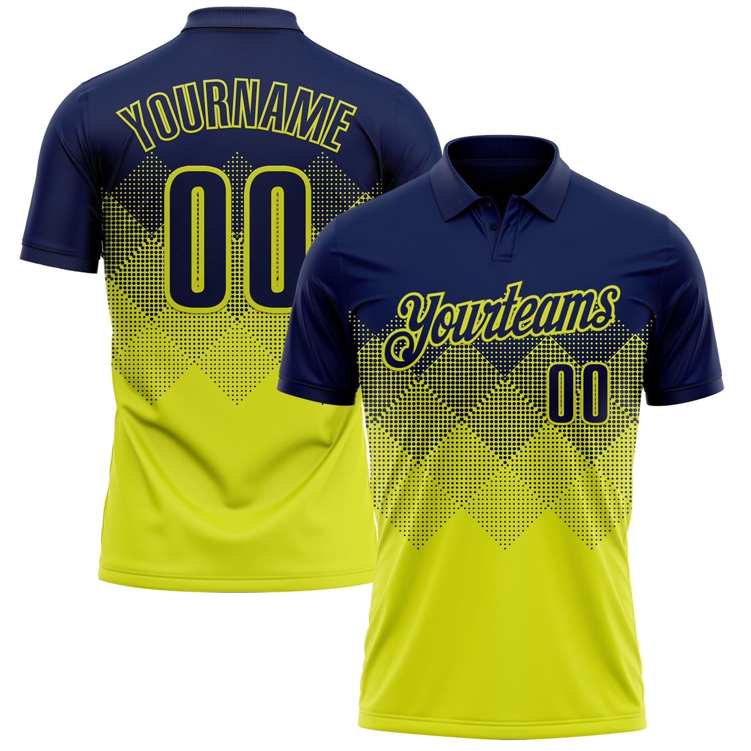 Custom Navy Neon Yellow 3D Gradient Square Shape Performance Polo Shirt - Main View