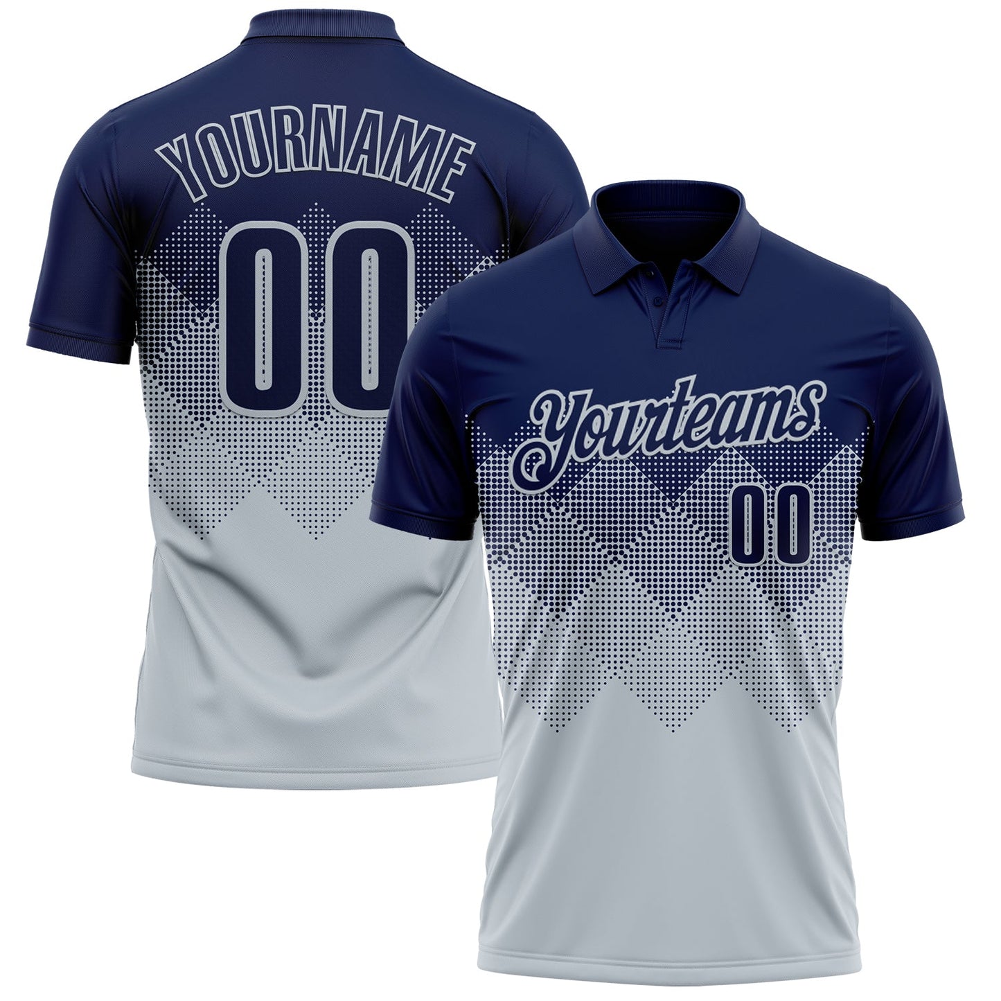 Custom Navy Silver 3D Gradient Square Shape Performance Polo Shirt - Main View