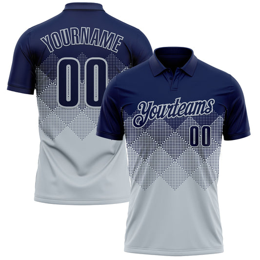 Custom Navy Silver 3D Gradient Square Shape Performance Polo Shirt - Main View