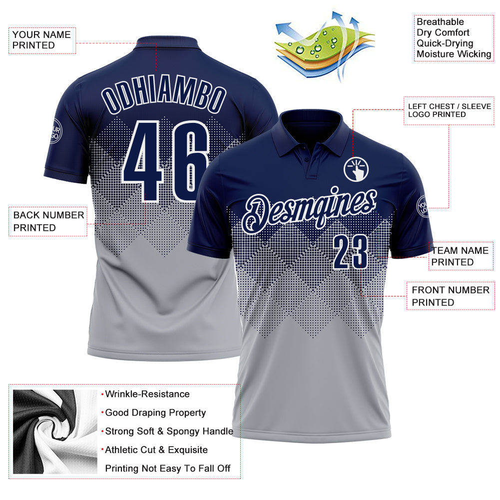 Custom Navy Gray-White 3D Gradient Square Shape Performance Polo Shirt view 3