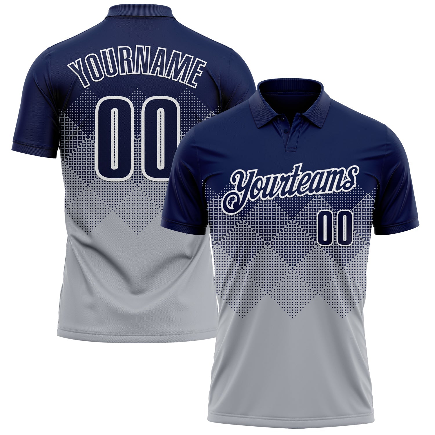 Custom Navy Gray-White 3D Gradient Square Shape Performance Polo Shirt - Main View