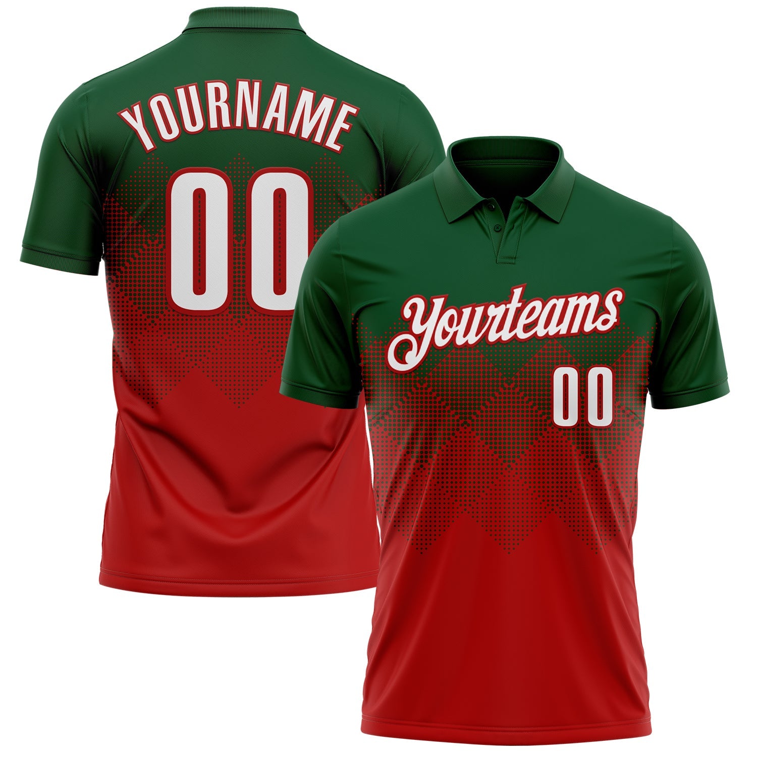 Custom Green White-Red 3D Gradient Square Shape Performance Polo Shirt - Main View