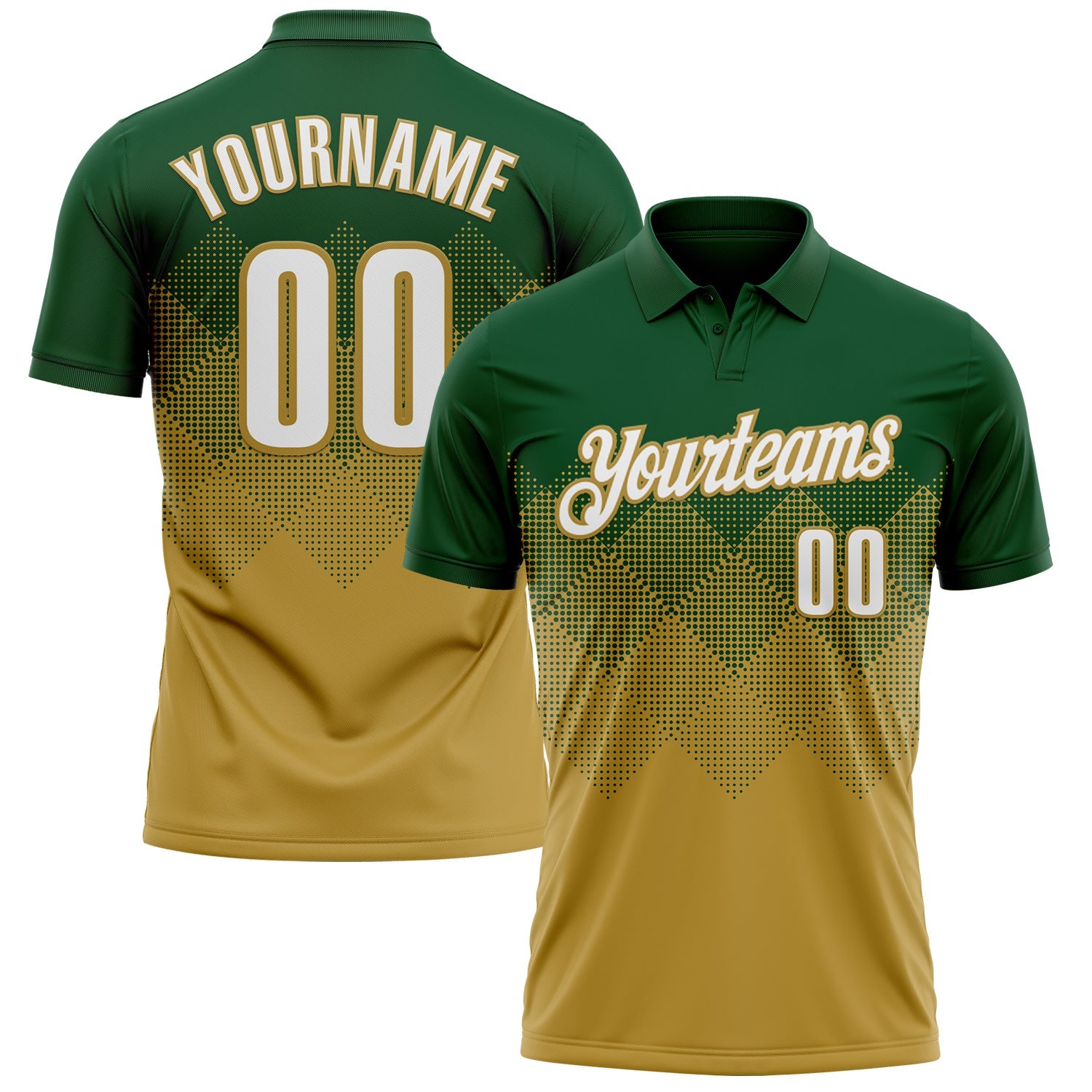 Custom Green White-Old Gold 3D Gradient Square Shape Performance Polo Shirt - Main View