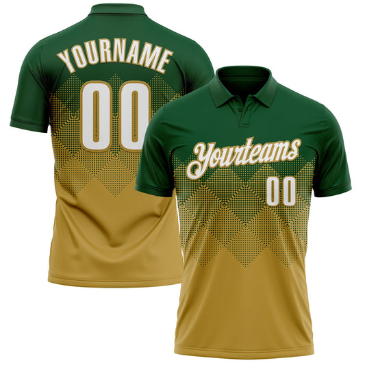 Custom Green White-Old Gold 3D Gradient Square Shape Performance Polo Shirt - Main View