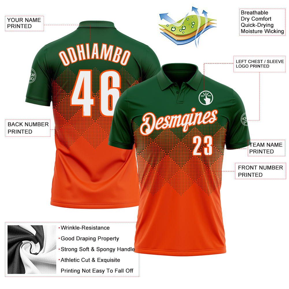 Custom Green White-Orange 3D Gradient Square Shape Performance Polo Shirt view 3
