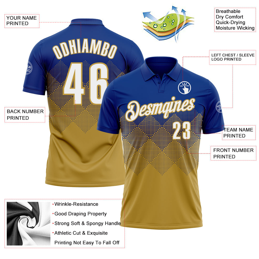 Custom Royal White-Old Gold 3D Gradient Square Shape Performance Polo Shirt view 3