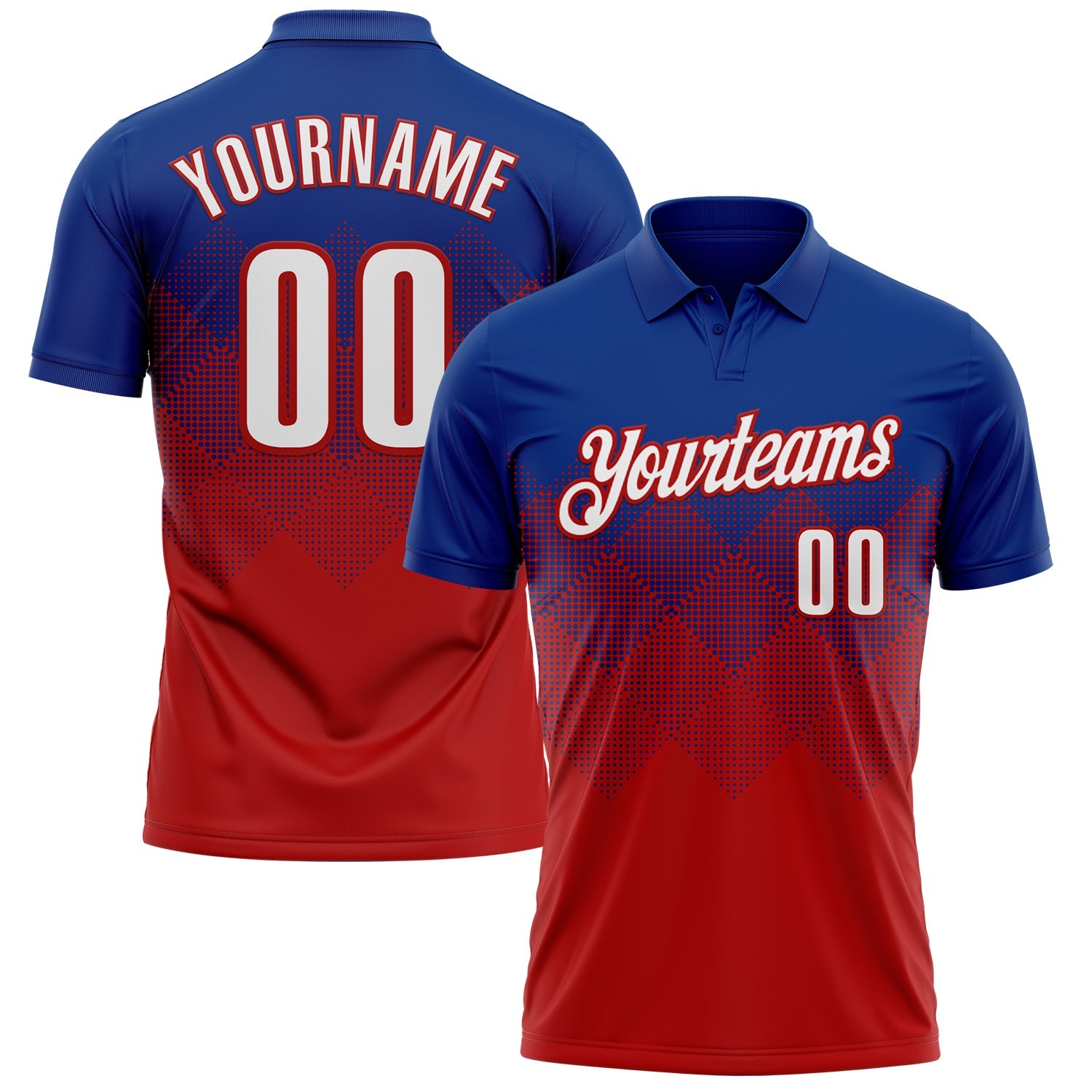 Custom Royal White-Red 3D Gradient Square Shape Performance Polo Shirt - Main View