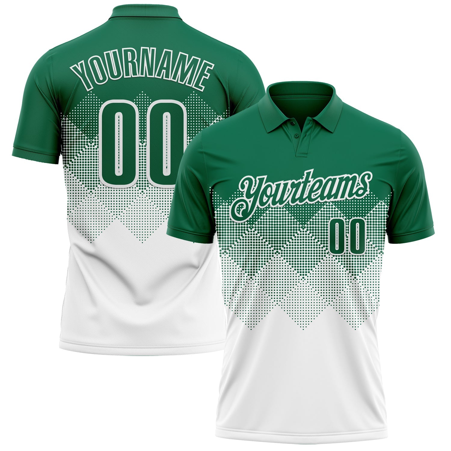 Custom Kelly Green White 3D Gradient Square Shape Performance Polo Shirt - Main View