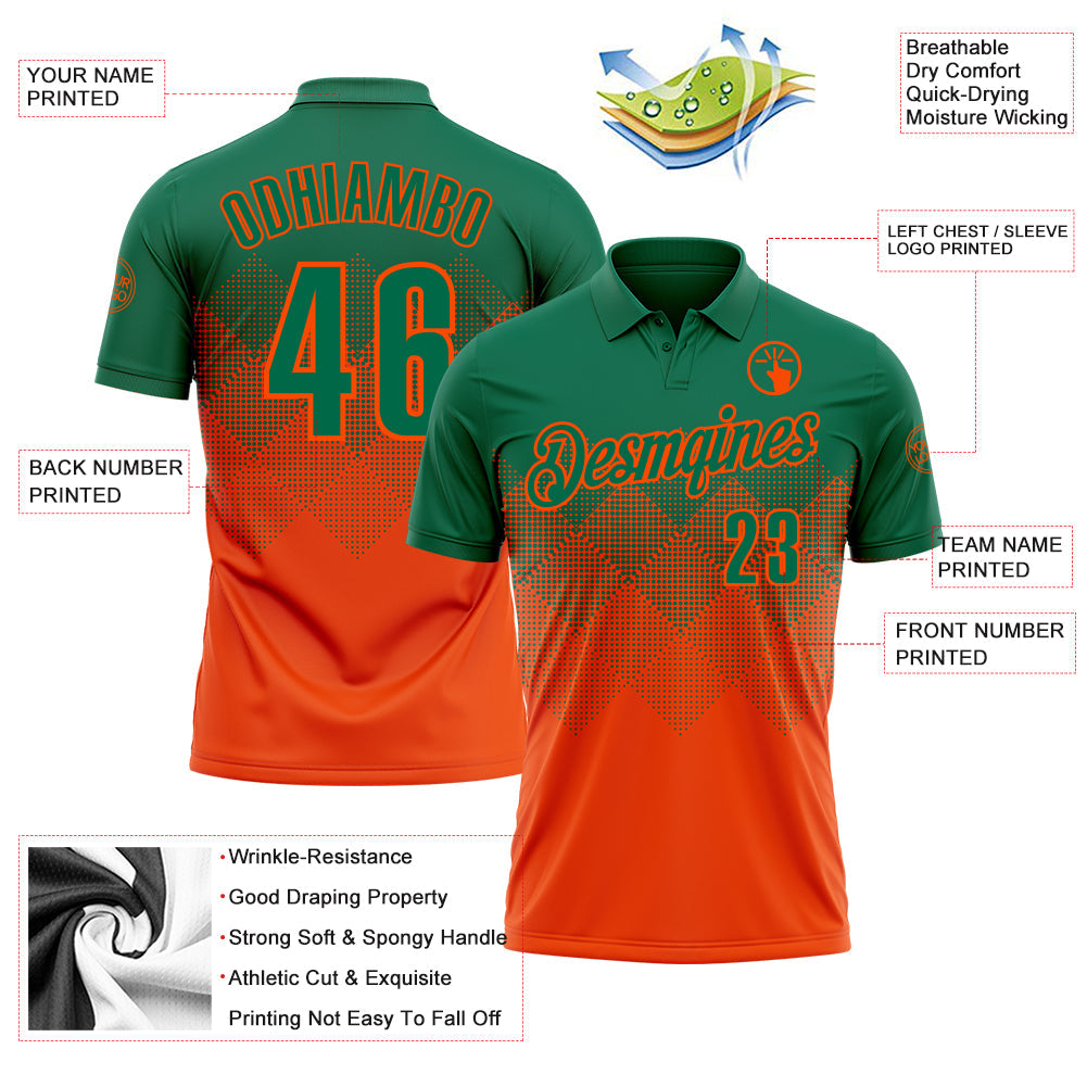 Custom Kelly Green Orange 3D Gradient Square Shape Performance Polo Shirt view 3