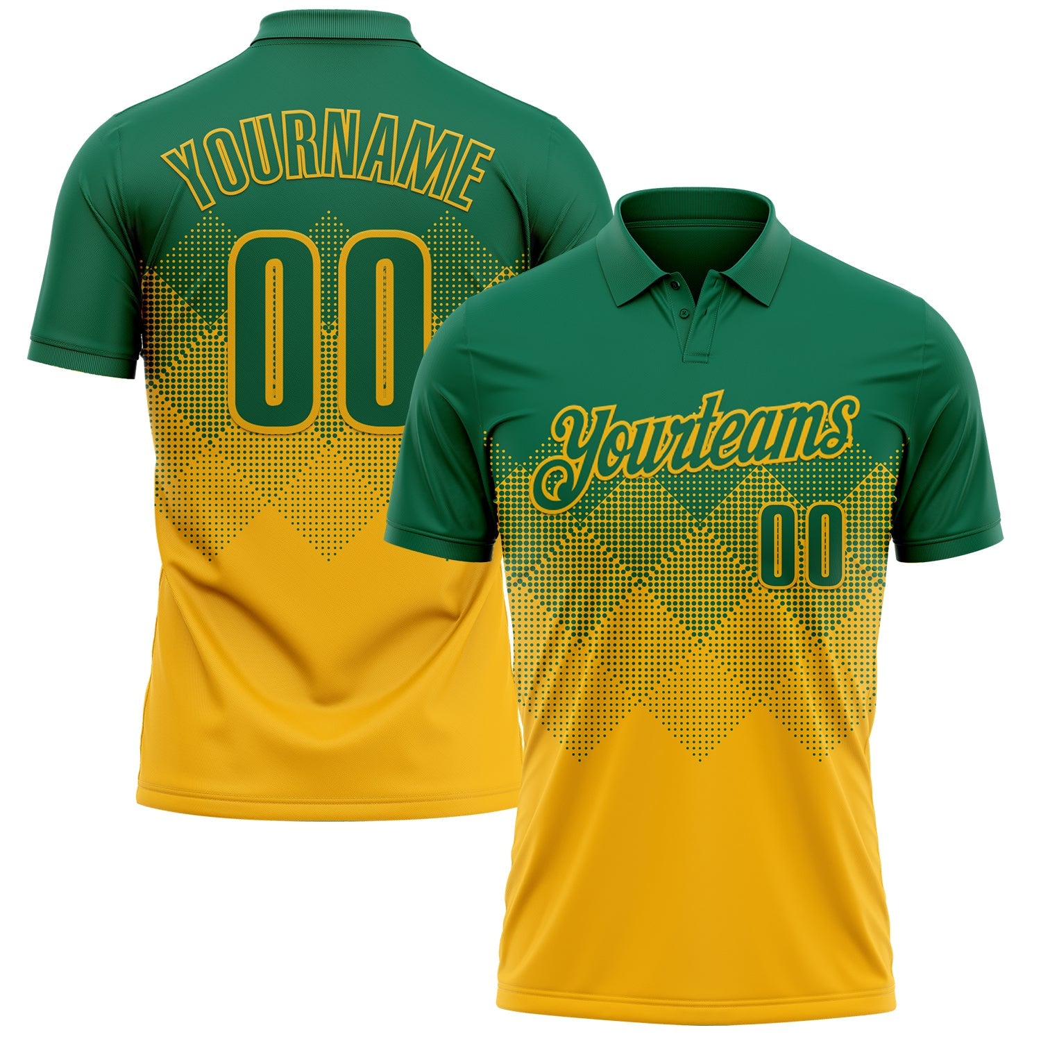 Custom Kelly Green Gold 3D Gradient Square Shape Performance Polo Shirt - Main View