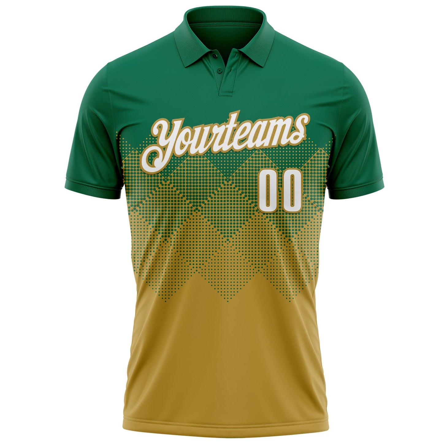 Custom Kelly Green White-Old Gold 3D Gradient Square Shape Performance Polo Shirt view 2