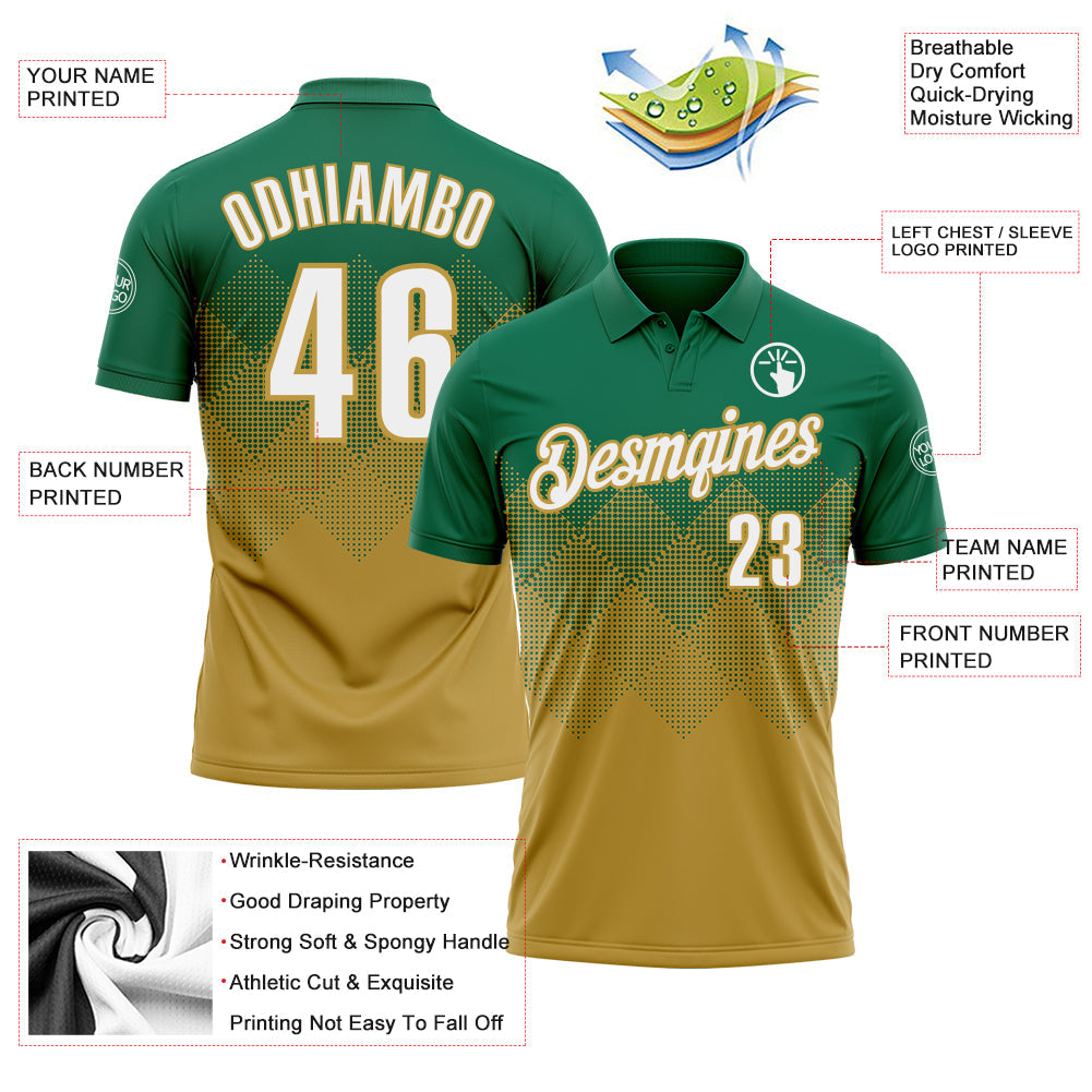 Custom Kelly Green White-Old Gold 3D Gradient Square Shape Performance Polo Shirt view 3