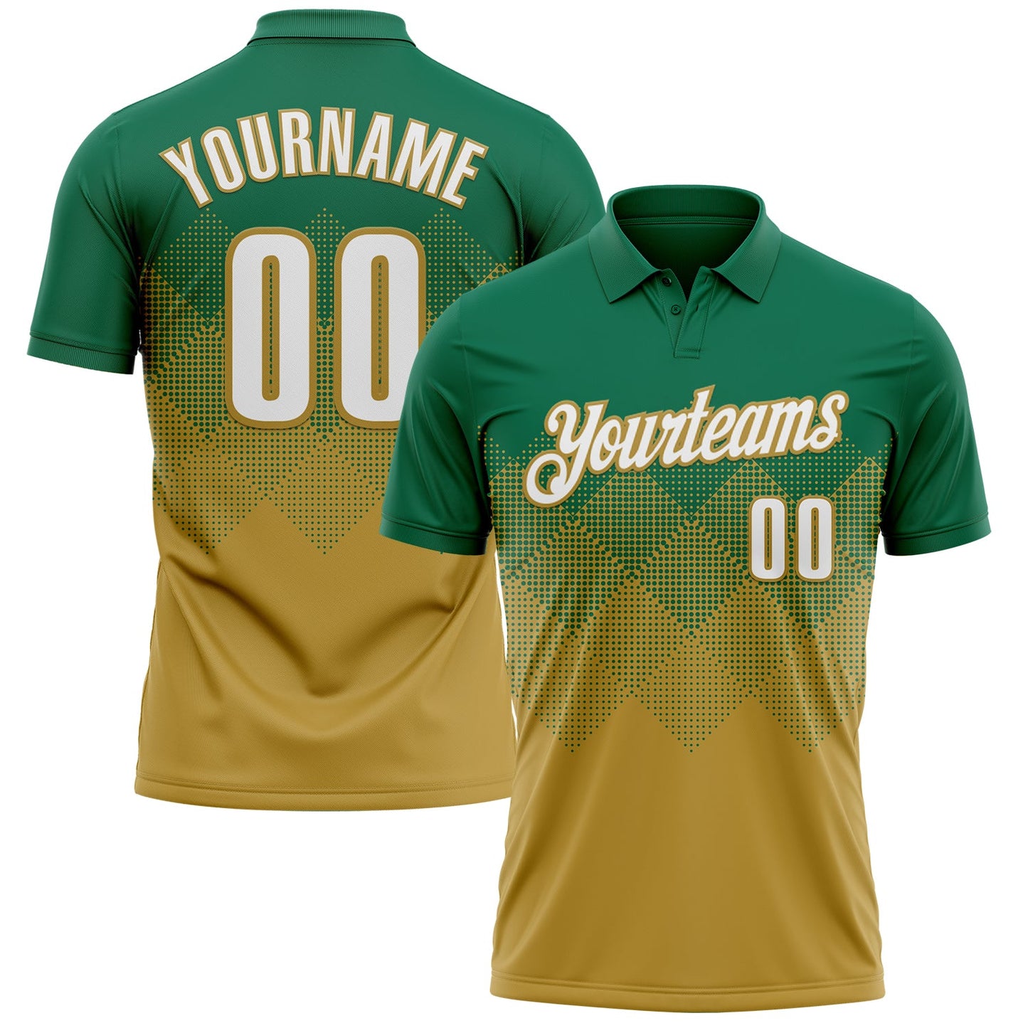 Custom Kelly Green White-Old Gold 3D Gradient Square Shape Performance Polo Shirt - Main View