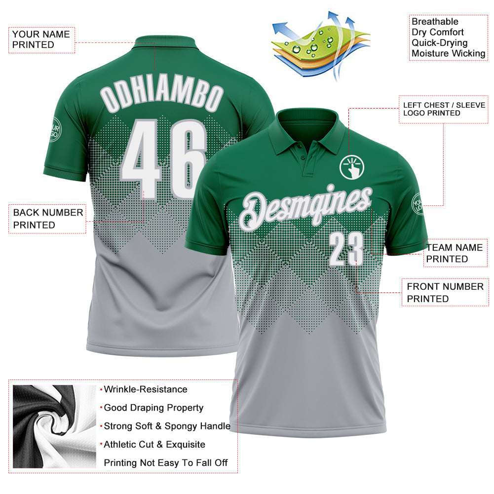 Custom Kelly Green White-Gray 3D Gradient Square Shape Performance Polo Shirt view 3