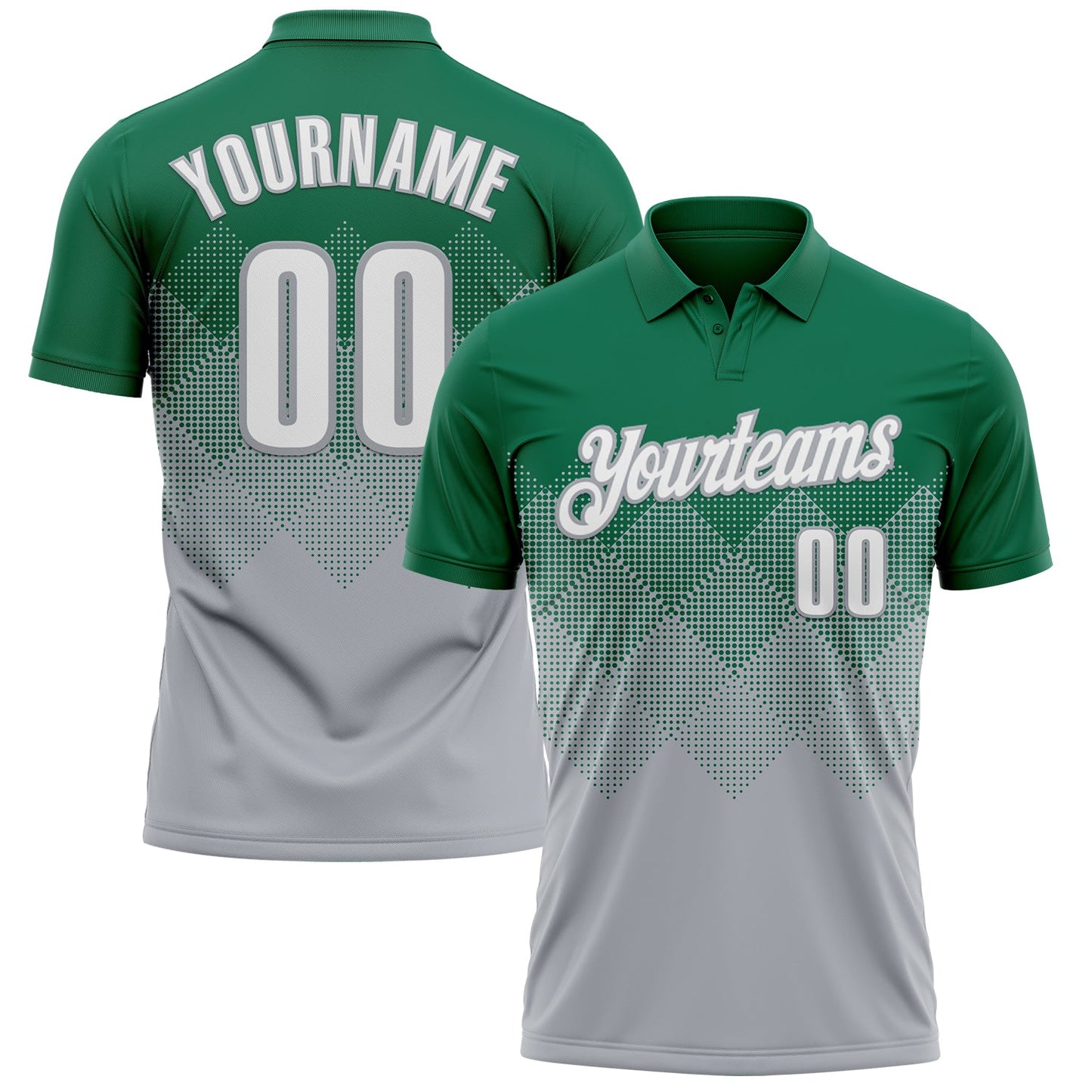 Custom Kelly Green White-Gray 3D Gradient Square Shape Performance Polo Shirt - Main View
