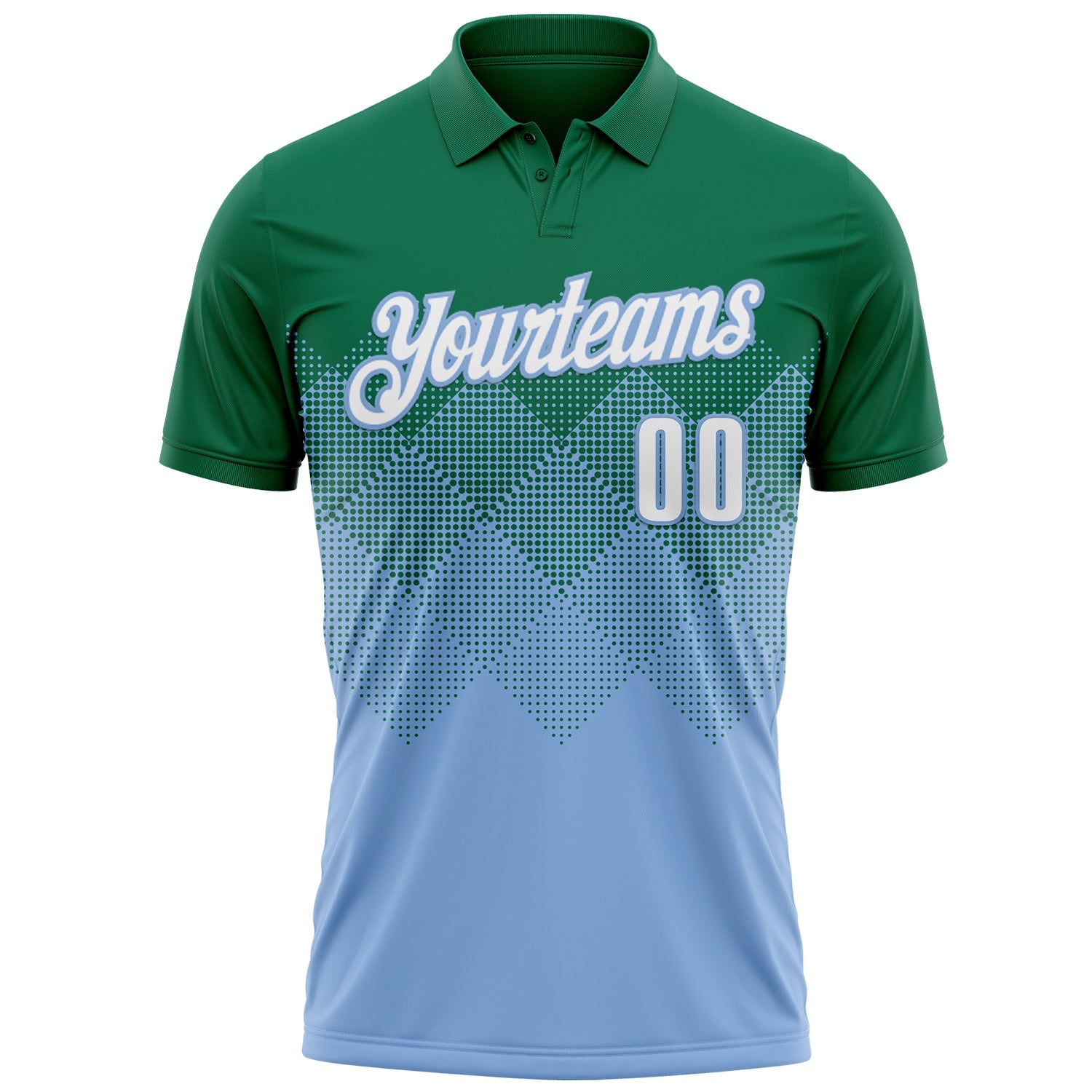 Custom Kelly Green White-Light Blue 3D Gradient Square Shape Performance Polo Shirt view 2