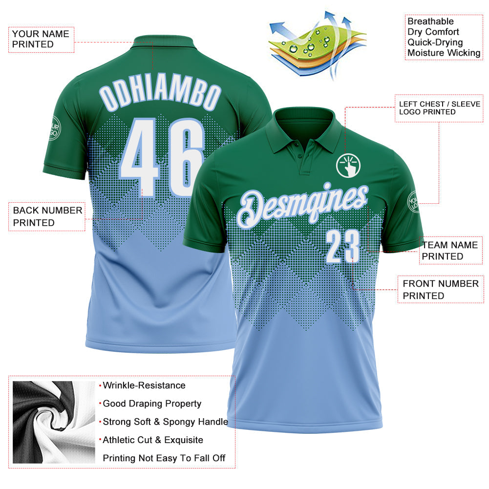 Custom Kelly Green White-Light Blue 3D Gradient Square Shape Performance Polo Shirt view 3