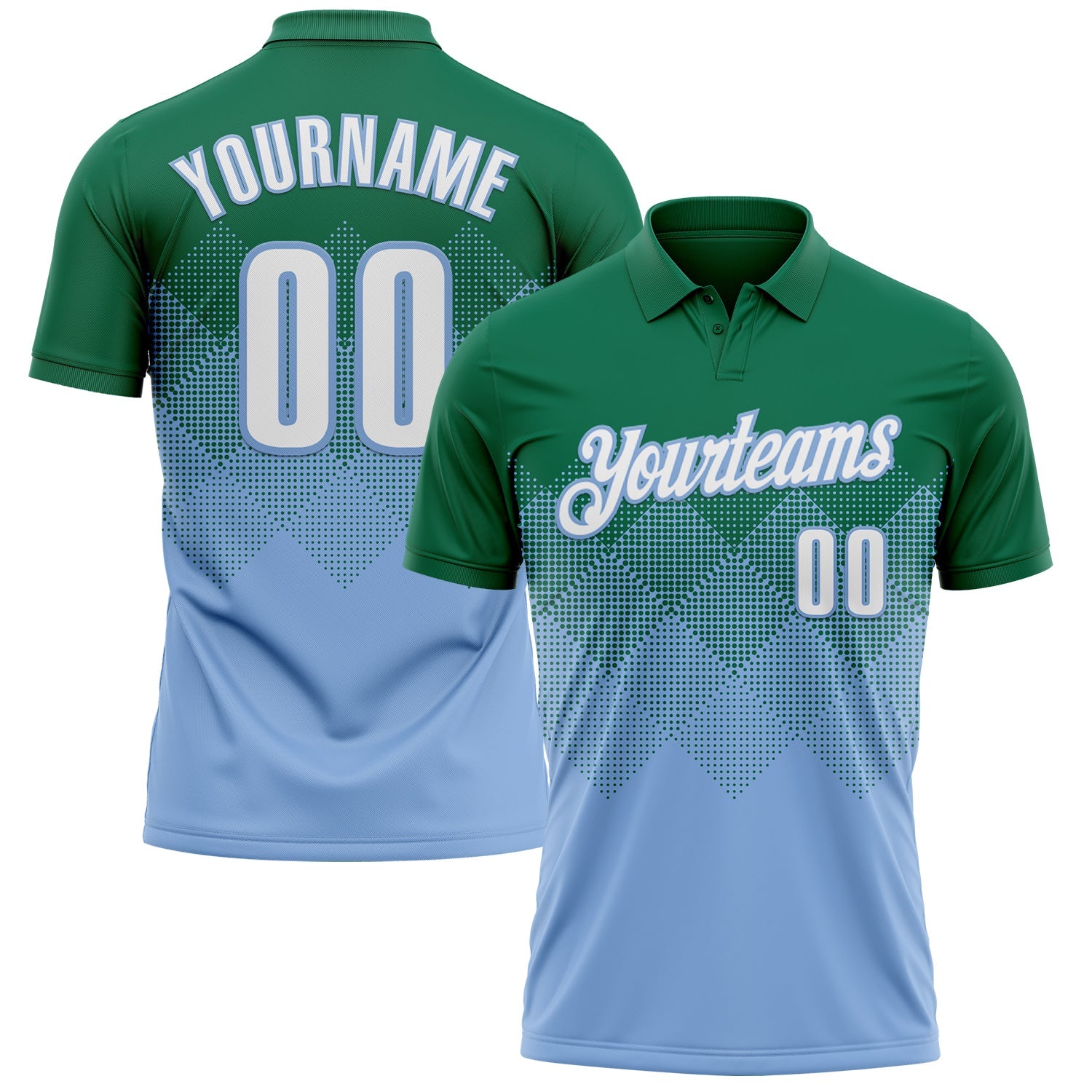 Custom Kelly Green White-Light Blue 3D Gradient Square Shape Performance Polo Shirt - Main View