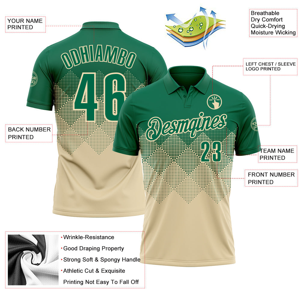 Custom Kelly Green Cream 3D Gradient Square Shape Performance Polo Shirt view 3