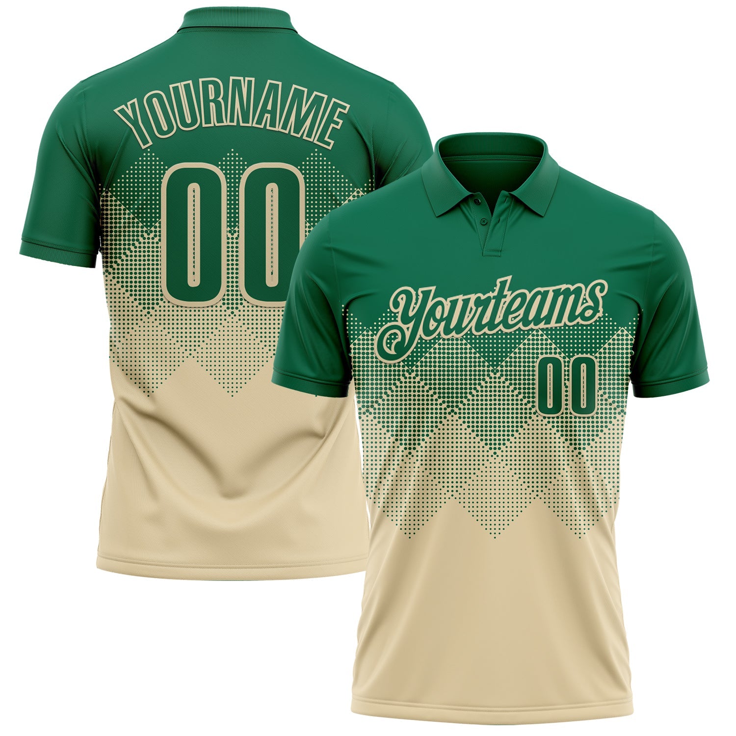 Custom Kelly Green Cream 3D Gradient Square Shape Performance Polo Shirt - Main View