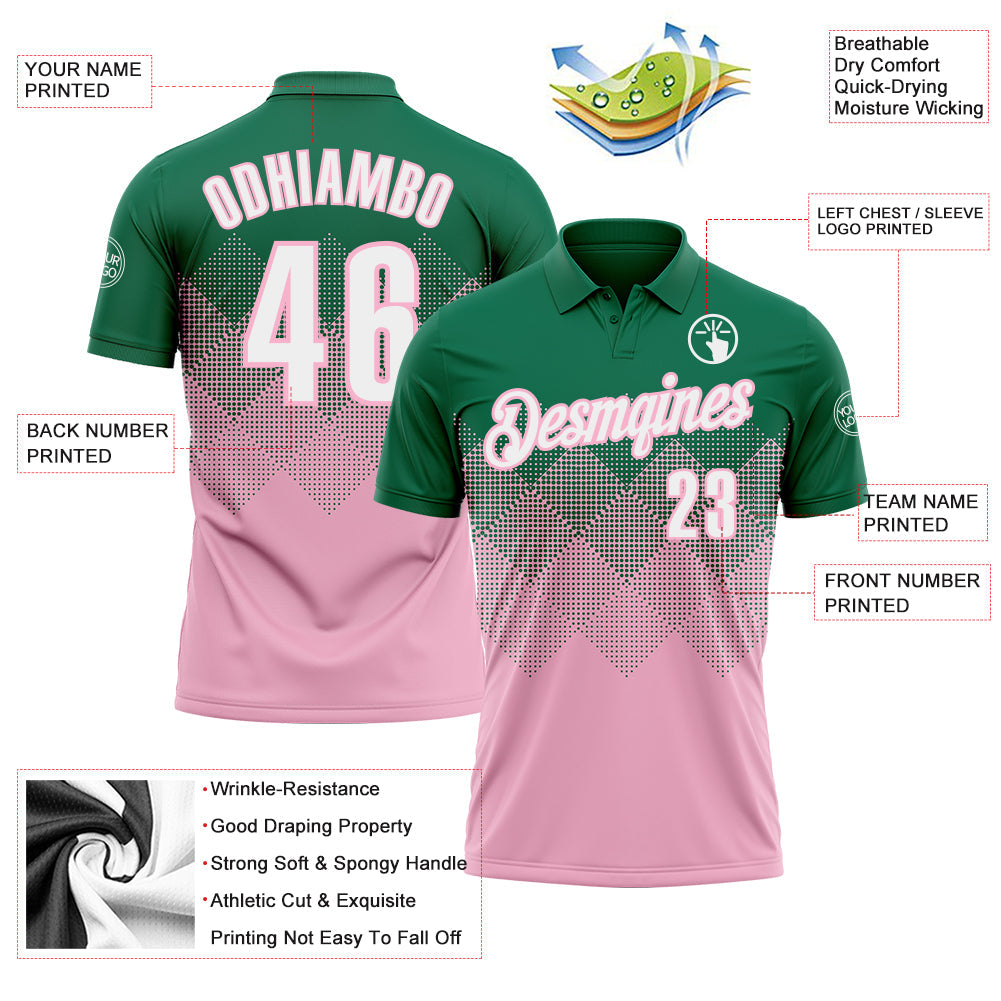 Custom Kelly Green White-Light Pink 3D Gradient Square Shape Performance Polo Shirt view 3