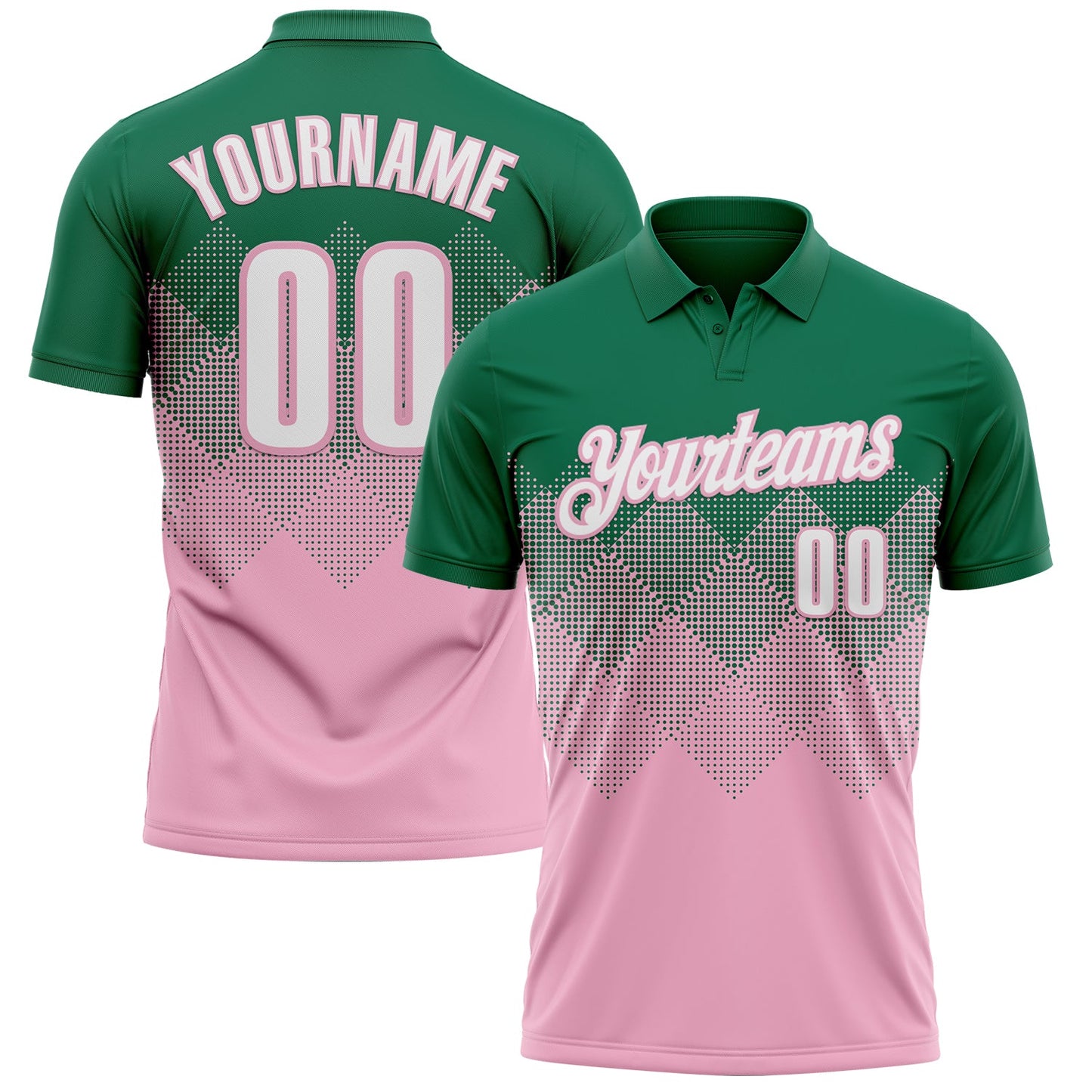 Custom Kelly Green White-Light Pink 3D Gradient Square Shape Performance Polo Shirt - Main View
