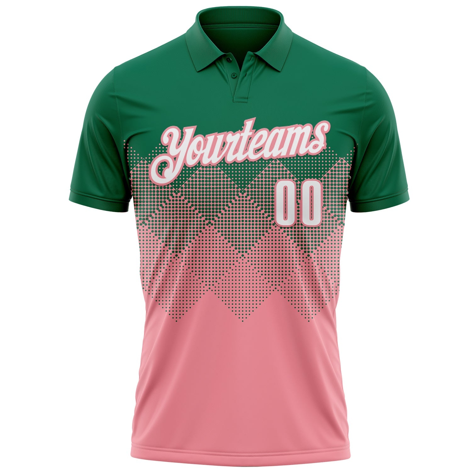 Custom Kelly Green White-Medium Pink 3D Gradient Square Shape Performance Polo Shirt view 2