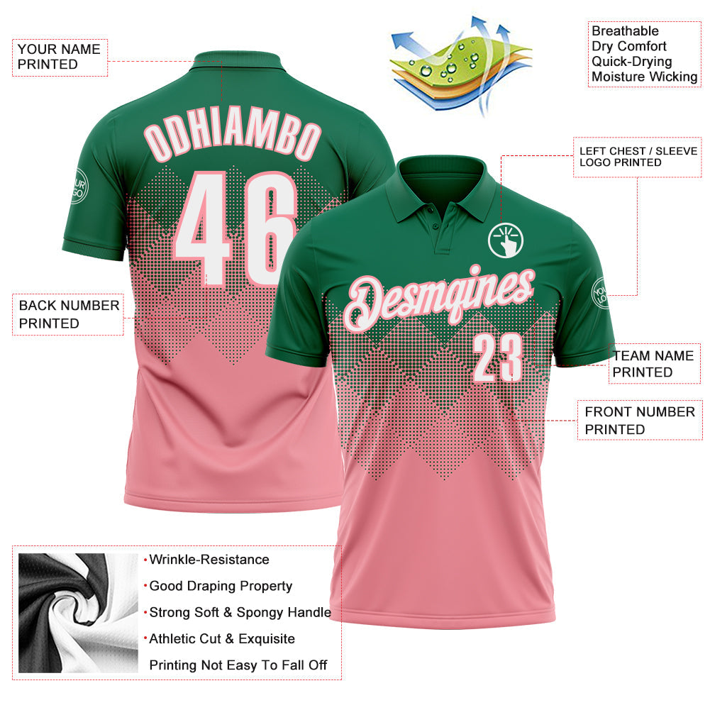 Custom Kelly Green White-Medium Pink 3D Gradient Square Shape Performance Polo Shirt view 3