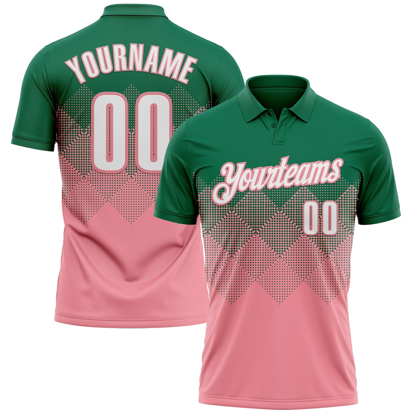 Custom Kelly Green White-Medium Pink 3D Gradient Square Shape Performance Polo Shirt - Main View