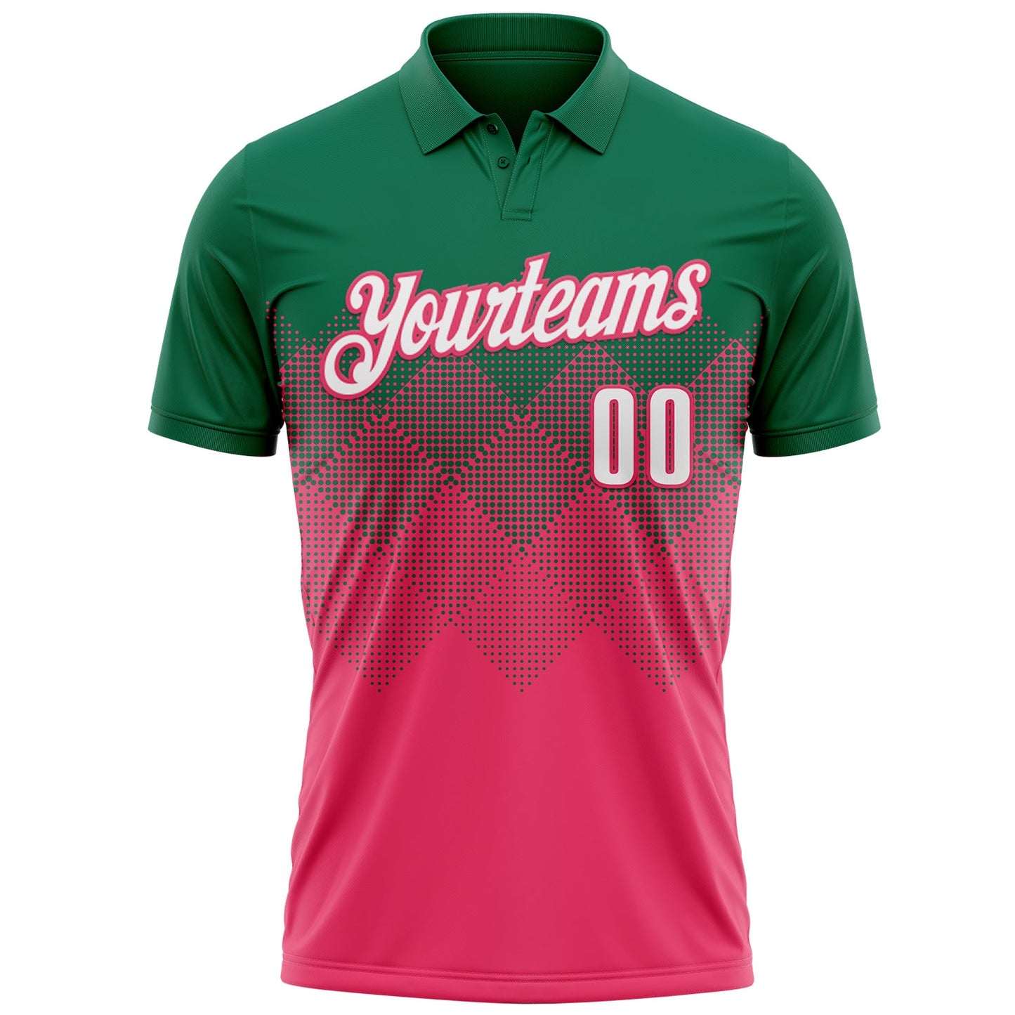 Custom Kelly Green White-Neon Pink 3D Gradient Square Shape Performance Polo Shirt view 2