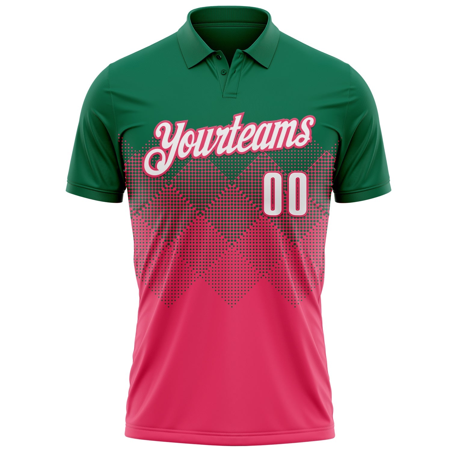 Custom Kelly Green White-Neon Pink 3D Gradient Square Shape Performance Polo Shirt view 2