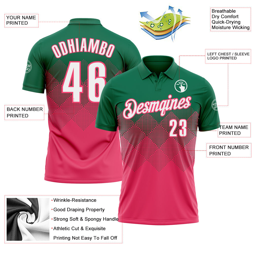 Custom Kelly Green White-Neon Pink 3D Gradient Square Shape Performance Polo Shirt view 3