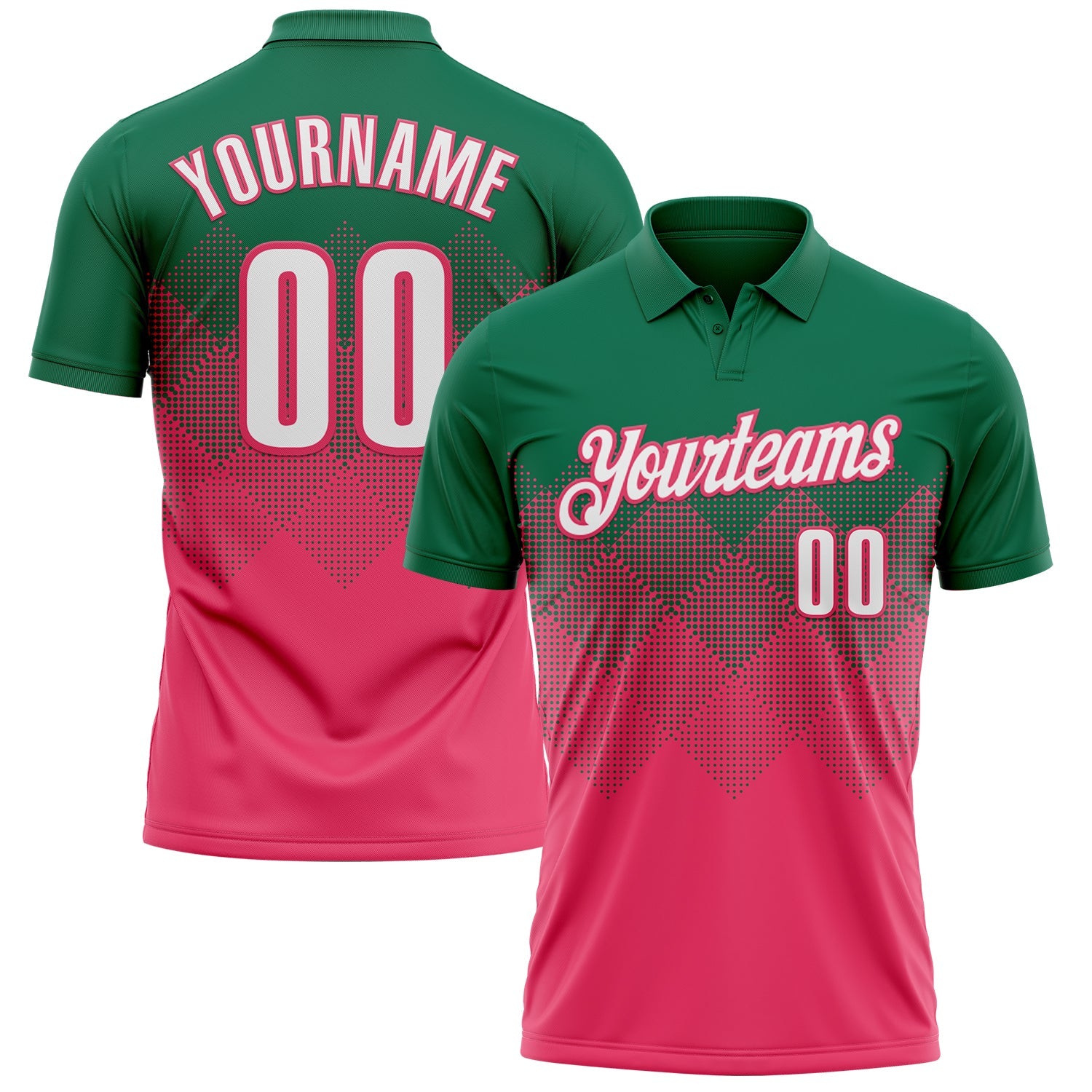 Custom Kelly Green White-Neon Pink 3D Gradient Square Shape Performance Polo Shirt - Main View