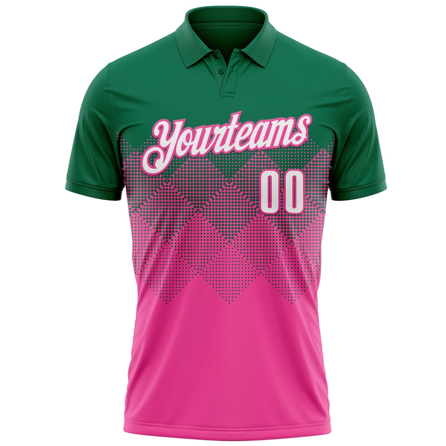 Custom Kelly Green White-Pink 3D Gradient Square Shape Performance Polo Shirt view 2