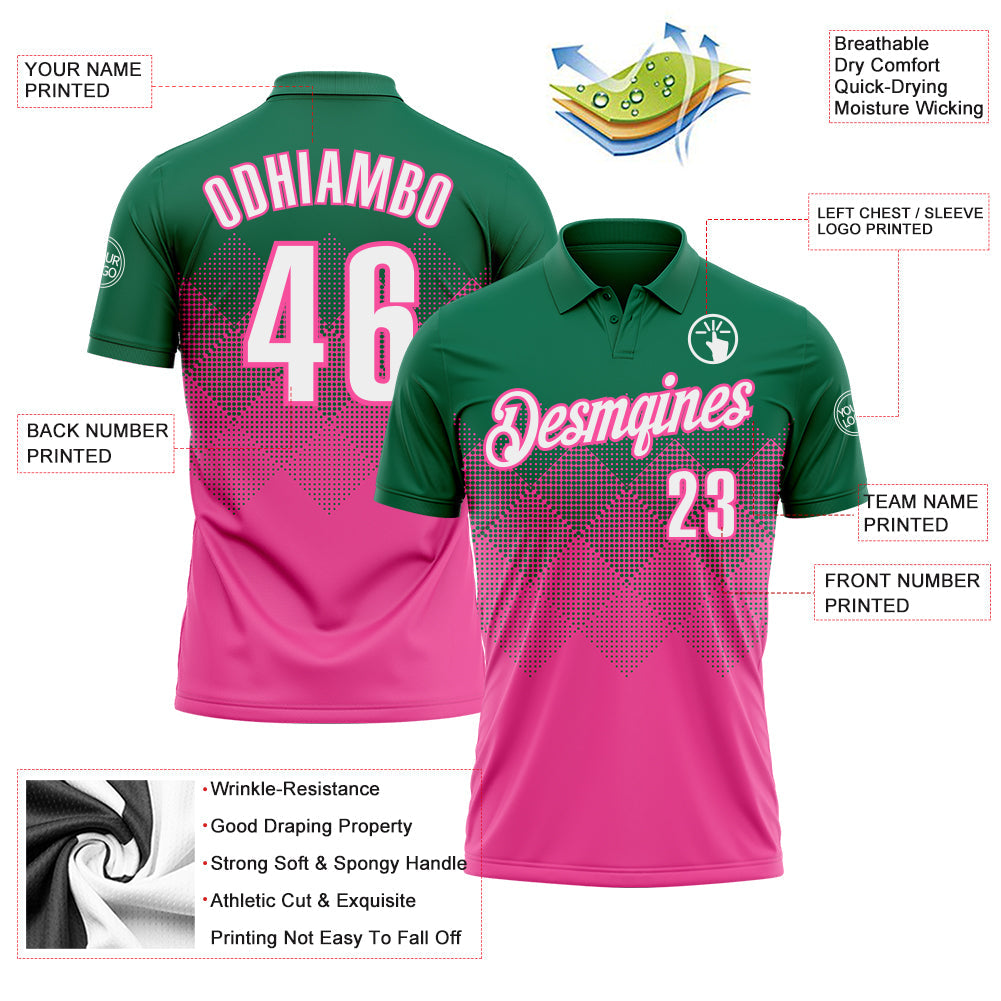 Custom Kelly Green White-Pink 3D Gradient Square Shape Performance Polo Shirt view 3